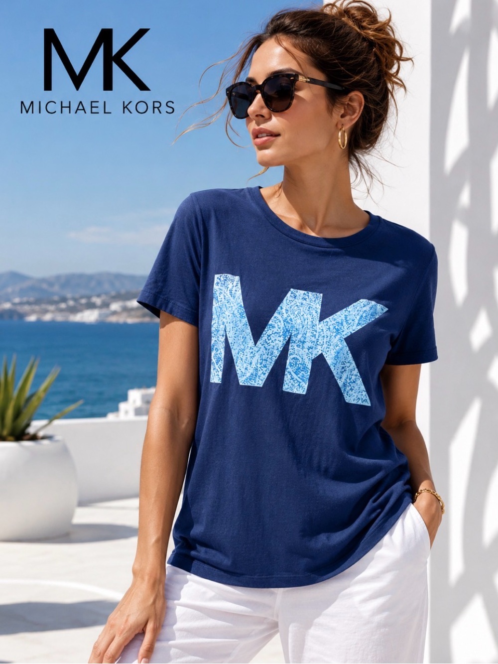 MICHAEL KORS AUTHENTIC!  PAISLEY BLUE MK LOGO WOMENS T-SHIRT SZ M